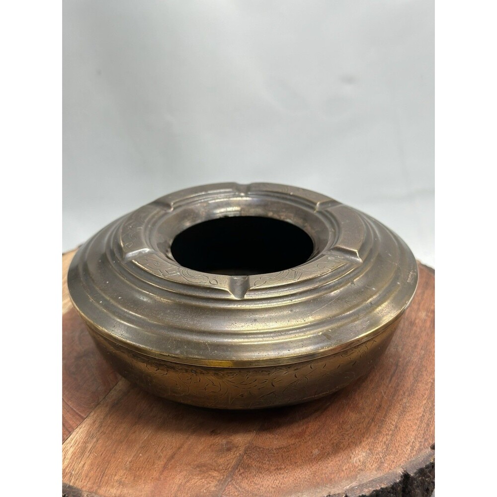 Solid Brass Art Deco Ashtray Conversation Engraved Design Vintage